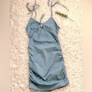 Ruched Knot Front Denim Dress - Size Medium